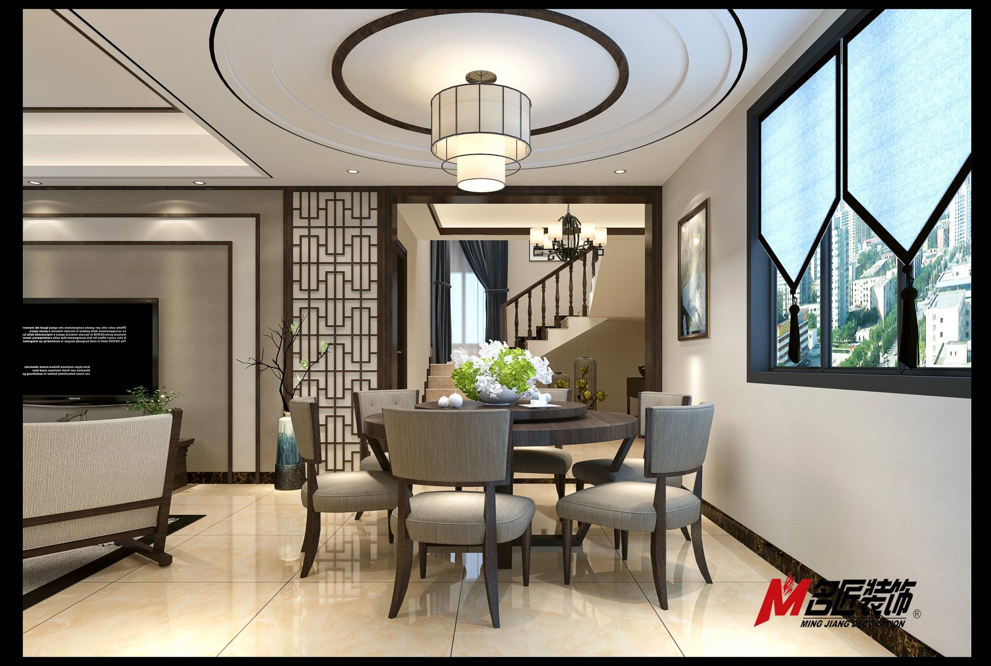 無錫市綠地波士頓公館新中式風格復式裝修案例