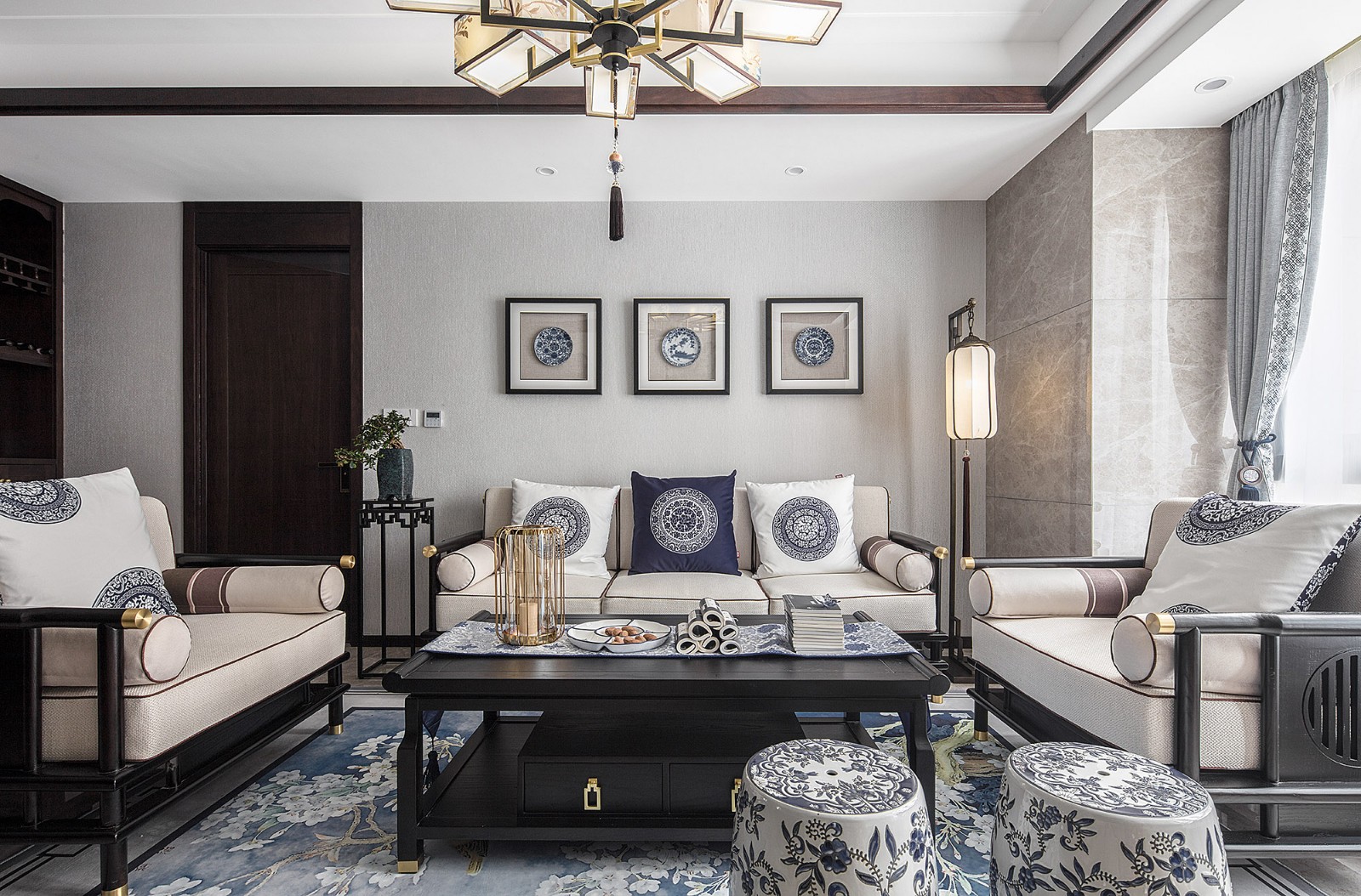 裝修案例新中式風格室內(nèi)裝修效果圖-客廳