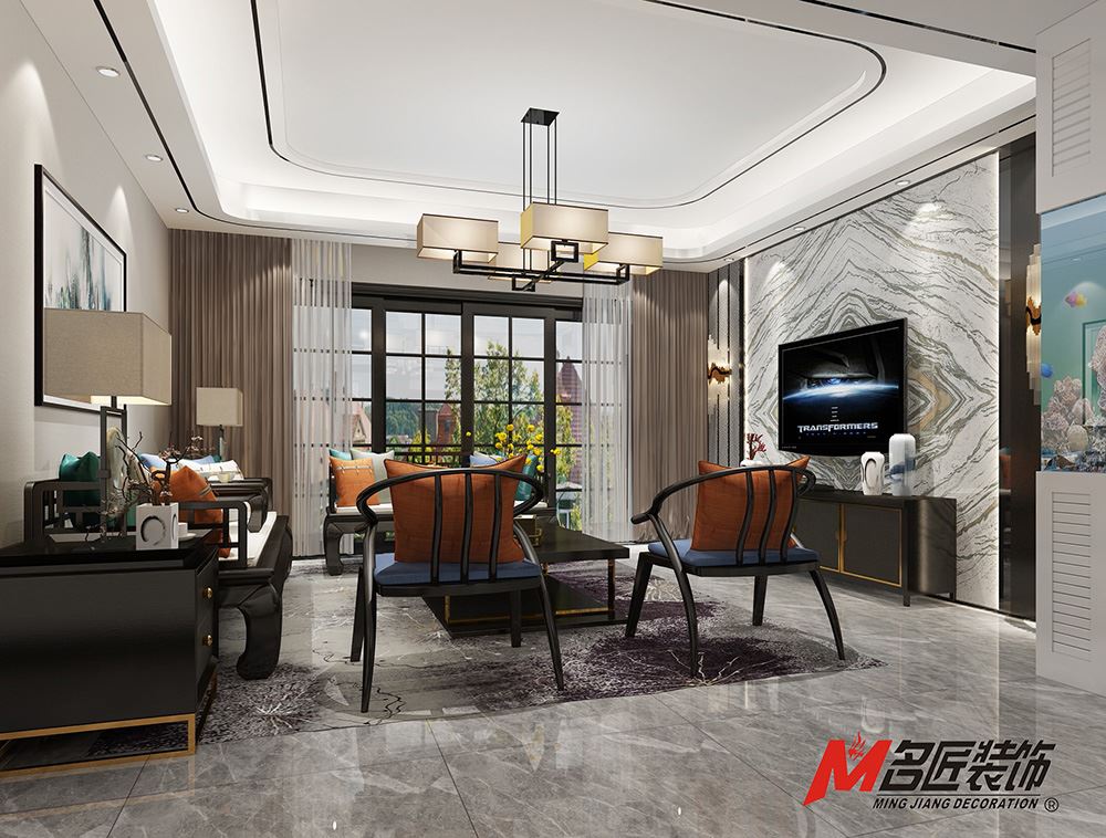 青島市魯信長春花園新中式風格三居室裝修案例